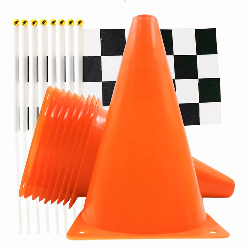 YOELVN 7inch Orange Racing Traffic Cones Party Decoration with Racing Checkered Flags 11inch Safety Sport Training Plastic Cones with Racing Flags Race Car Birthday Party Supplies Racing Themed Party - Image 1